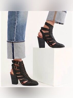 Free People Hayes Black Leather Strappy Bootie